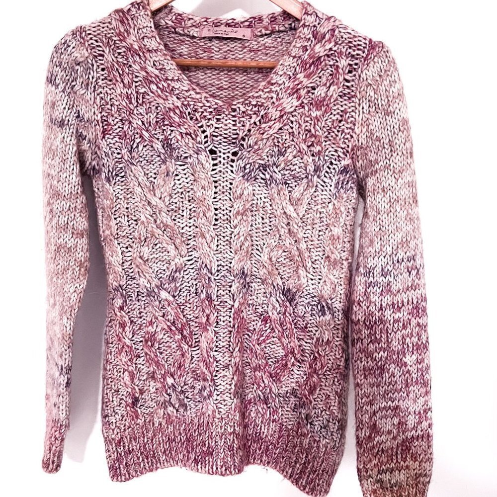 Anthropologie Wool Alpaca Blend Cable Knit V-neck Sweater Pink Cream Marled S